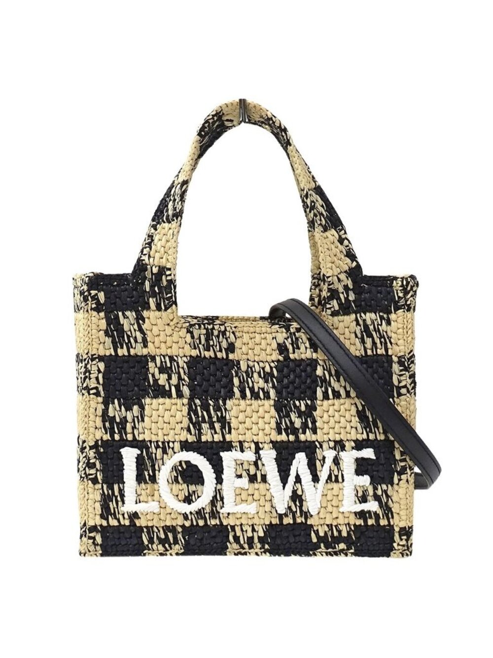 Loewe 2-Way Shoulder Bag Font Tote Mini Raffia Natural Black Plaid Small